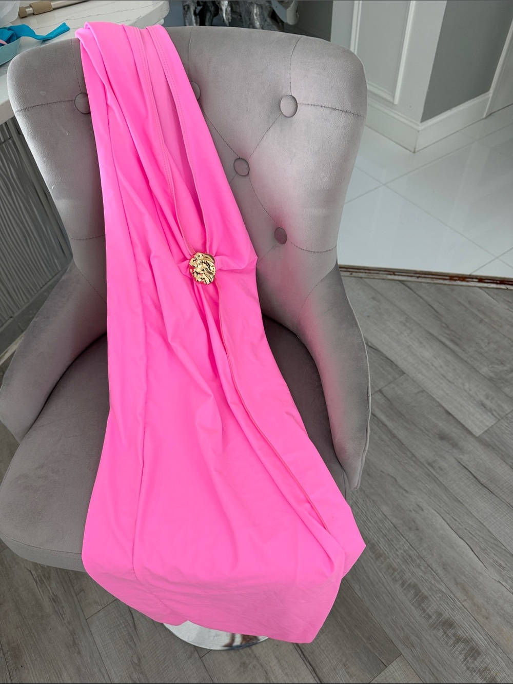 Bright Pink Women's Dress with Gold Brooch -